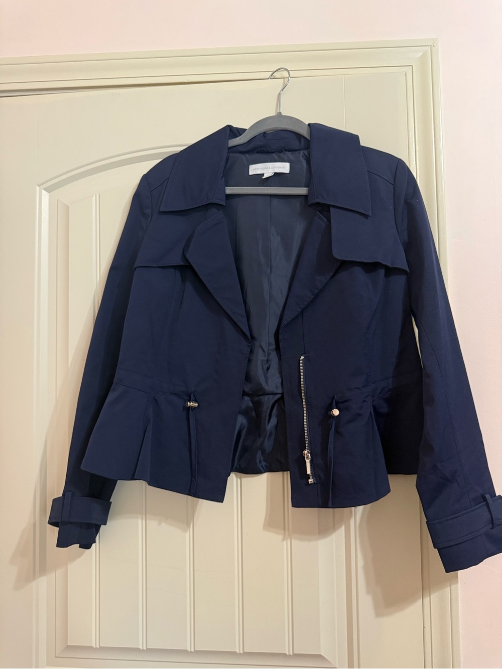 New York & Company Navy Cropped Bomber Jacket with Zip Detail